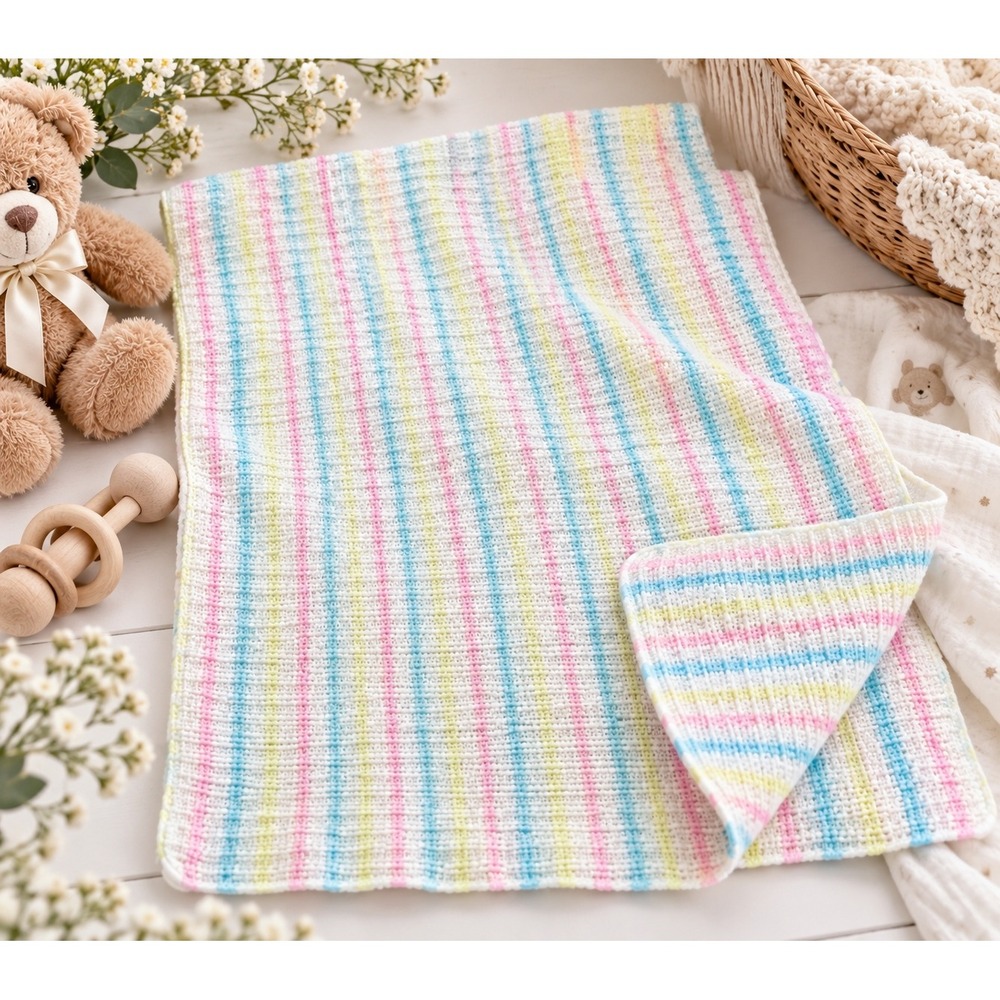 Vintage Beacon Mfg Co Pastel Striped Baby Blanket Pink Blue Yellow Made in USA